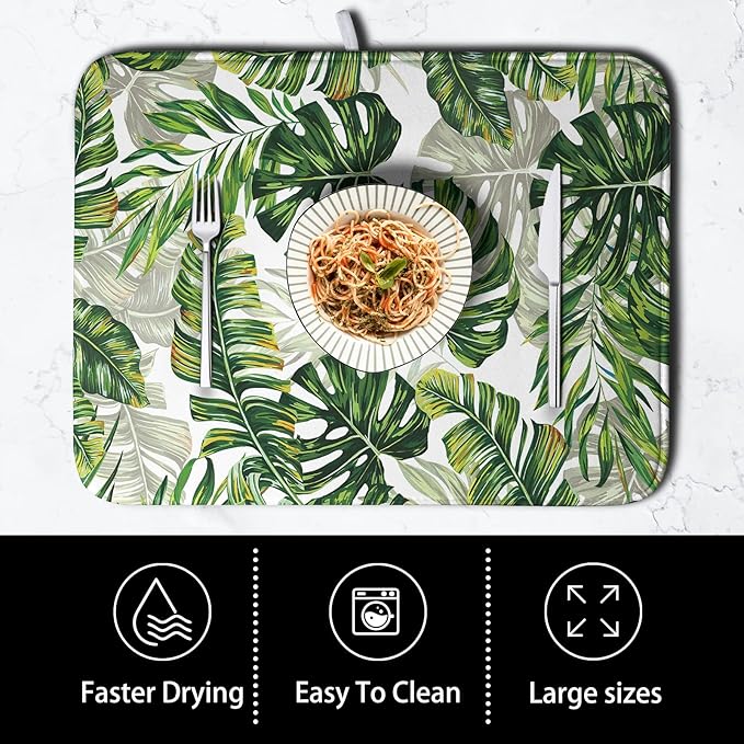 Tropical Palm Leaves Dish Drying Mat for Kitchen Counter 18x24 Inch, Green Monstera Kitchen Drying Mat,Watercolor Herbs Dishes Pad Dish Drainer Rack Mats Absorbent Fast Dry Kitchen Accessories - Image 4