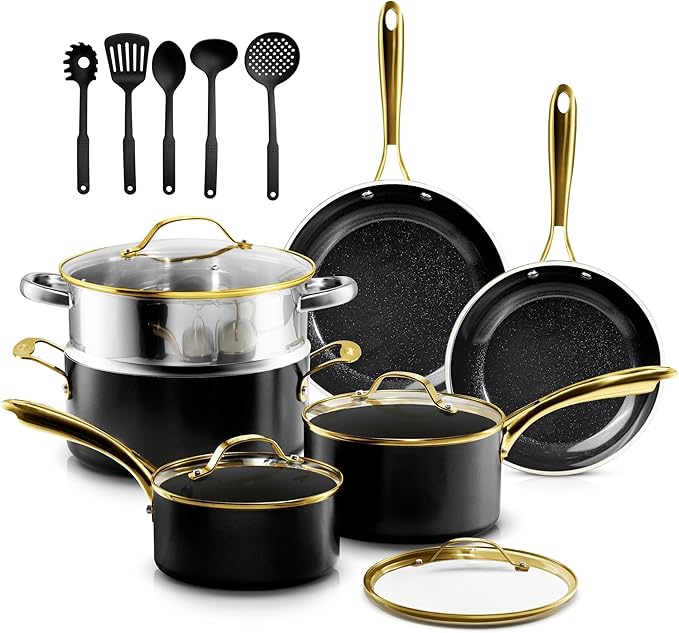 Gotham Steel 15 Pc Ceramic Cookware Set Nonstick, Ceramic Pots and Pans Set Non Stick with Steamer & Cooking Utensils, Non Toxic PFOA PFOS Free, Premium Stay Cool Handles, Oven & Dishwasher Safe by GothamSteel