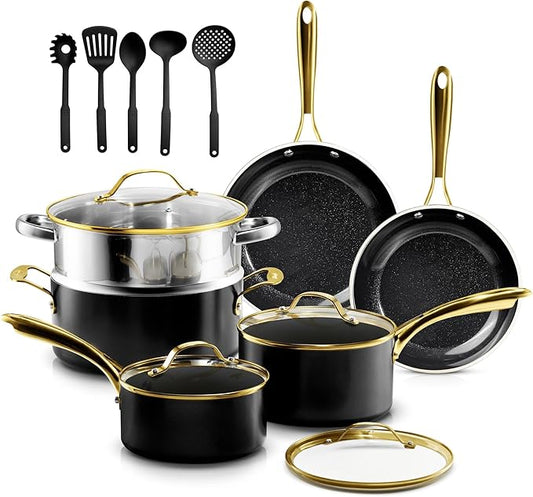 Gotham Steel 15 Pc Ceramic Cookware Set Nonstick, Ceramic Pots and Pans Set Non Stick with Steamer & Cooking Utensils, Non Toxic PFOA PFOS Free, Premium Stay Cool Handles, Oven & Dishwasher Safe by GothamSteel