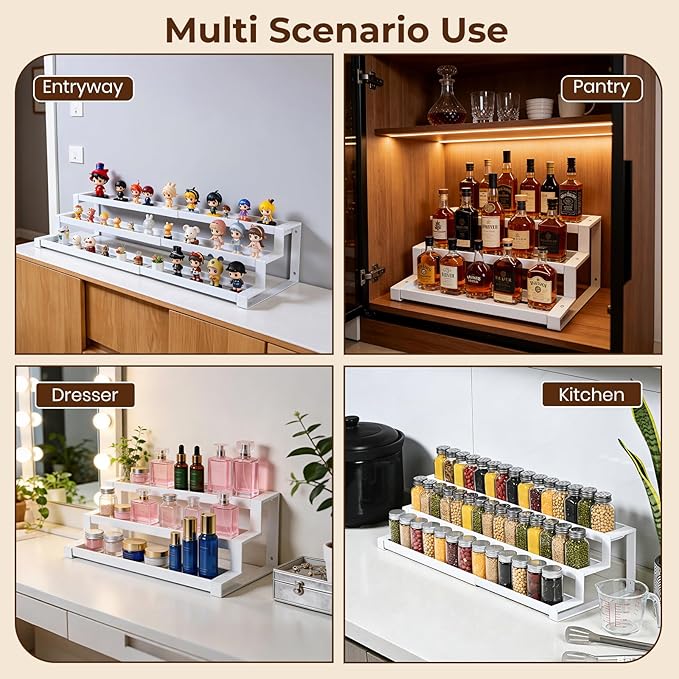 3-Tier Spice Rack Organizer for Kitchen Cabinet or Pantry, 16"-29" Expandable Spice Organization Shelf, Seasoning Organizer, Metal Display Shelf, Slip-Resistant Design for Jars and Bottles, White - Image 4