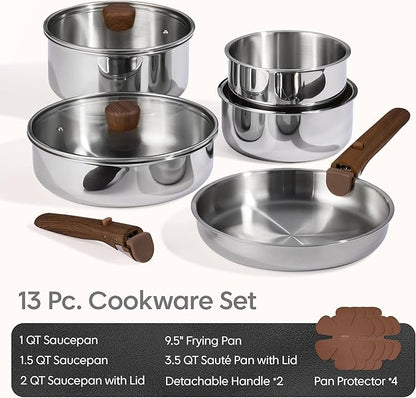 CAROTE 13pcs Tri-Ply Stainless Steel Cookware Set with Detachable Handle, Pots and Pans Set, Induction Kitchen Cooking Sets, RV/Camping Cookware, Oven Safe, Woodgrain Style - Image 2