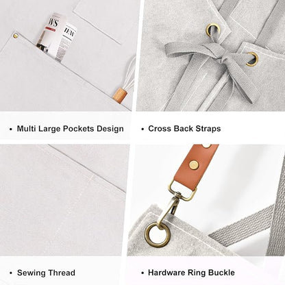 OUNLEN Chef Apron for Men Women Canvas Aprons with 3 Pockets Cross Back Resistant Work Apron for Cooking - Image 3