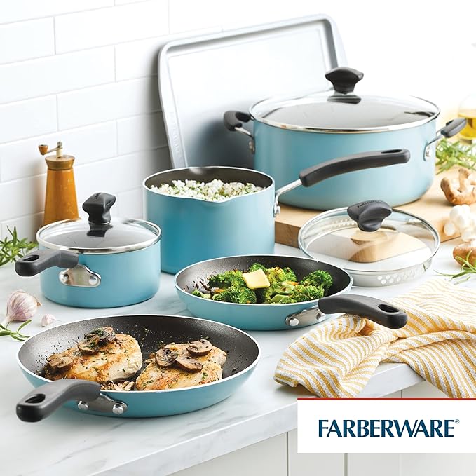 Farberware Cookstart DiamondMax Nonstick Cookware/Pots and Pans Set, Dishwasher Safe, Includes Baking Pan and Cooking Tools, 15 Piece - Aqua - Image 8