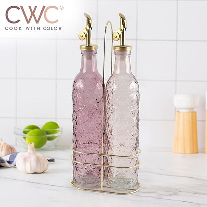 COOK WITH COLOR Glass Olive Oil Bottle Dispenser - 2 Pack- 17oz Oil and Vinegar Cruet - Olive Oil Carafe Decanter for Kitchen, Floral, Pink - Image 5