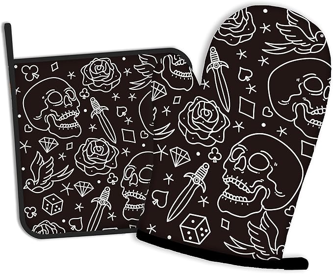 Skull Head with Rose Oven Mitts and Pot Holders Kitchen Cooking Gloves 2 Pcs Set Heat Resistant Pad for Baking BBQ Home Decor