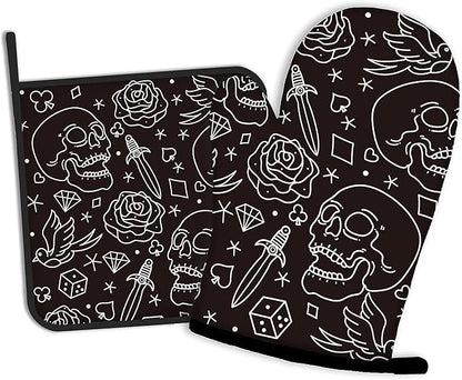 Skull Head with Rose Oven Mitts and Pot Holders Kitchen Cooking Gloves 2 Pcs Set Heat Resistant Pad for Baking BBQ Home Decor