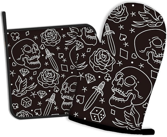 Skull Head with Rose Oven Mitts and Pot Holders Kitchen Cooking Gloves 2 Pcs Set Heat Resistant Pad for Baking BBQ Home Decor