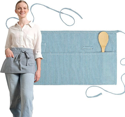 MEEMA Chef Waist Apron Cotton Fabric |Washable & Breathable Waitress & Server Half Aprons for Women with Pockets & Long Waist Straps | Cooking, Baking, Grilling & Crafting