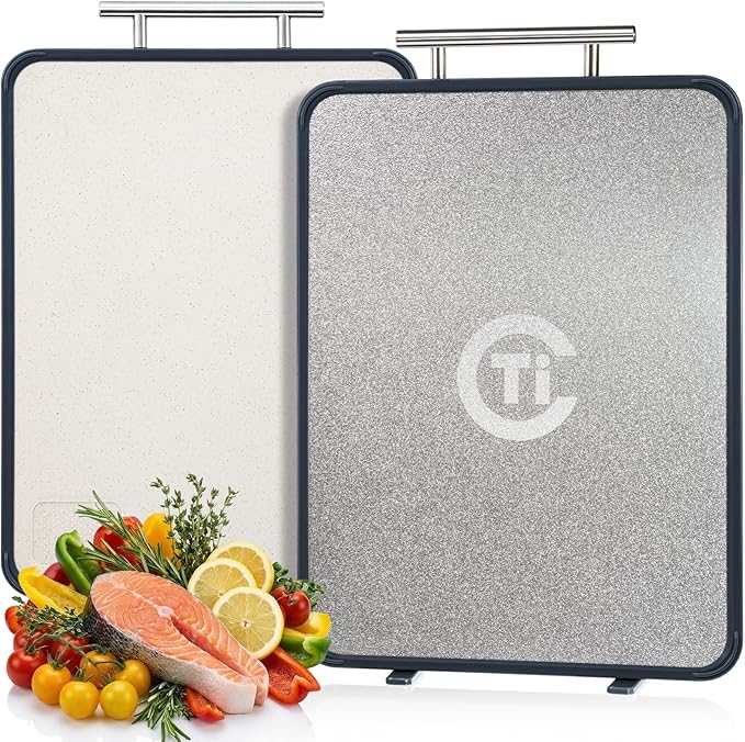 Titanium Cutting Board for Kitchen- Double Sided Cutting Board with Stand, Textured Food-Grade Pure Titanium Side for Chopping Meat, PP Side for Vegetables, Easy to Clean(14.5”×11”, 1 PC)