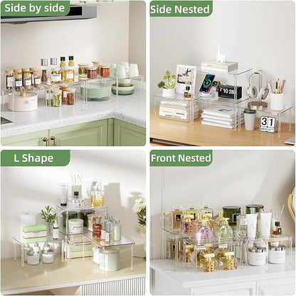 Delamu Clear Kitchen Cabinet Organizer, Set of 4 Acrylic Shelf Organizer for Cupboard Organizers and Storage, Stackable Cabinet Shelf for Plate, Dish, Bowl, Cup & Mug, 11.7" W x 7.7" D x 6.3" H