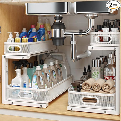 2 Pack 17.3IN-Depth Under Sink Organizer with Smooth Cylindrical Rail,2-Tier Pull Out Multi-Purpose Cabinet Storage for Bathroom&Kitchen,Height Adjustable,Rust-Resistant Coating-White