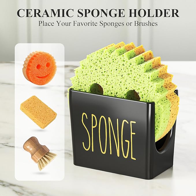 Cisily Kitchen Soap Dispenser Set Comes with Ceramics Sponge Holder, Gold Pumps, and Instant Dry Tray, Hand and Dish Soap Dispenser Set (4, Gold + Black + Sponge Holder) - Image 3