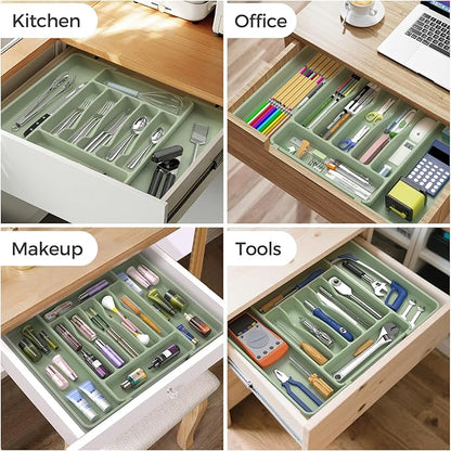 ukeetap Extra Large Expandable Silverware Organizer, BPA-Free Food-Safe Cutlery Flatware Organizer, Kitchen Utensil Drawer Organizer, Adjustable Silverware Holder for Spoons Forks Knives, Green - Image 8