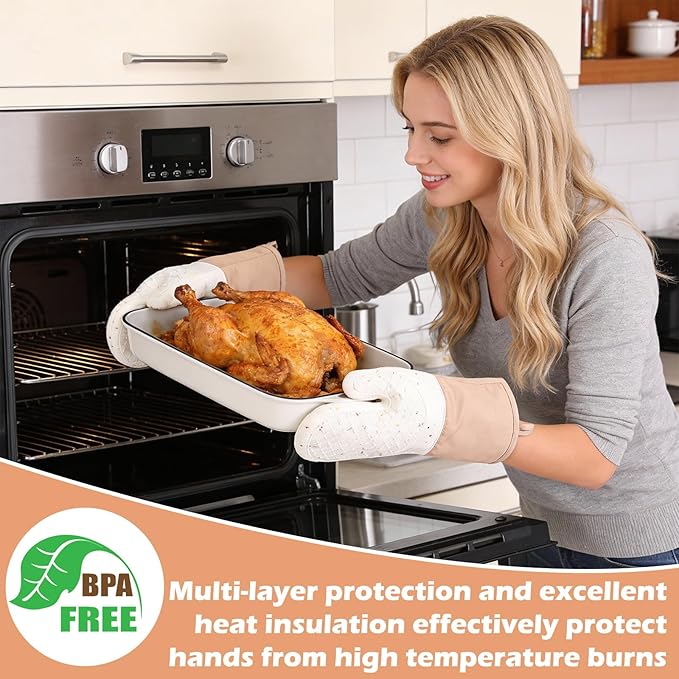 10 Pcs Kitchen Oven Mitts and Potholders Set with Hook and Oil Brush, Cooking Mittens Heat Resistant 500°F Silicone Oven Mittens for Kitchen Baking Cooking BBQ (Cream) - Image 6