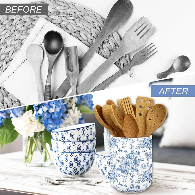 JarThenaAMCS Chinoiserie Floral Ceramic Utensil Holder Blue Flower Butterfly Utensil Crock for Home Kitchen Countertop Storage Organizer Container - Image 4