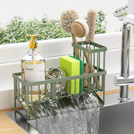 Cisily Kitchen Sink Caddy, Sponge Holder for Kitchen Sink, Kitchen Sink Organzier and Storage with High Brush Holder, 304 Stainless Gadgets Sink Accessories, Organizadores de Cocina Sage Green by CISILYHOMELIFE