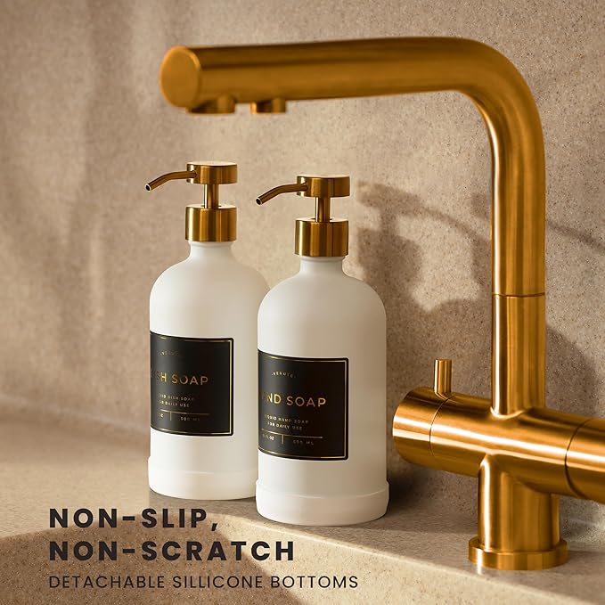Hand and Dish Soap Dispenser for Kitchen and Bathroom, Set of 2 16 Oz Glass Bottles, Stainless Steel Pumps, Non-Slip Silicone Base, 27 Waterproof Labels (Matte White Bottle/Brushed Gold Pump) - Image 2