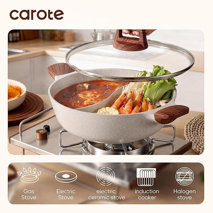 CAROTE Hot Pot with Divider Double Flavor Divided Stockpot with Glass Lid, Dual Sided Nonstick Stock Pot, Shabu Shabu Pots, Cookware for Induction Cooktop Gas Stove, 4.5-QT - Image 3
