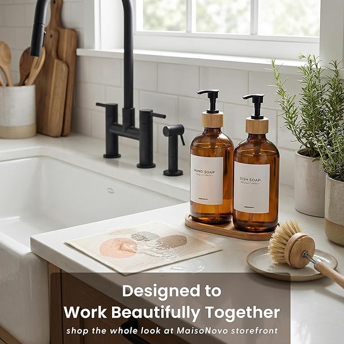 MaisoNovo Glass Dish Soap Dispenser for Kitchen Set of 2-16.9oz Amber Dish and Hand Soap Dispenser Set for Kitchen - Amber Glass Bottles x 2 with Black Bamboo Pumps & Tray