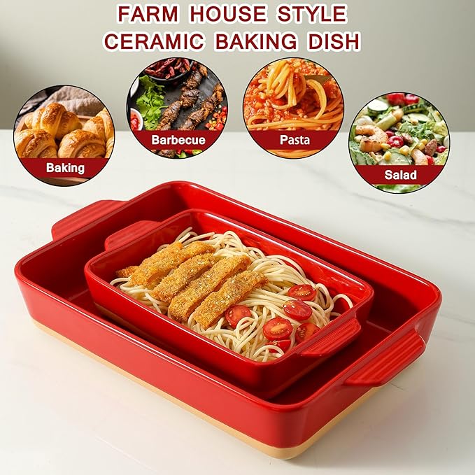 Ceramic Baking Casserole Dish with Handles, Large 9x13 inch Pan and Middle Baking Pan - Porcelain Serving Bakeware Set (Vintage Red) - Image 4