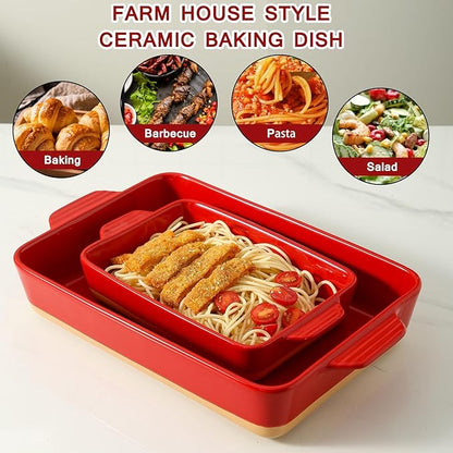 Ceramic Baking Casserole Dish with Handles, Large 9x13 inch Pan and Middle Baking Pan - Porcelain Serving Bakeware Set (Vintage Red) - Image 4