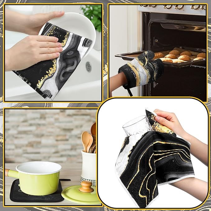 Leinuosen 8 Pcs Black Marble Kitchen Decor Dish Towels and Oven Mitts Sets Pot Holders and Dishcloths Farmhouse Kitchen Accessories Decorative Set for Chef Baking Cooking Daughter Mom Gift