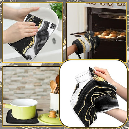 Leinuosen 8 Pcs Black Marble Kitchen Decor Dish Towels and Oven Mitts Sets Pot Holders and Dishcloths Farmhouse Kitchen Accessories Decorative Set for Chef Baking Cooking Daughter Mom Gift