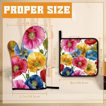 Poppy Flower Oven Mitts and Pot Holders,Pink Yellow Blue Heat Resistant Oven Mitts Gloves and Pot Holder for Home Kitchen Decorations Cooking Baking BBQ Gifts,Set of 4