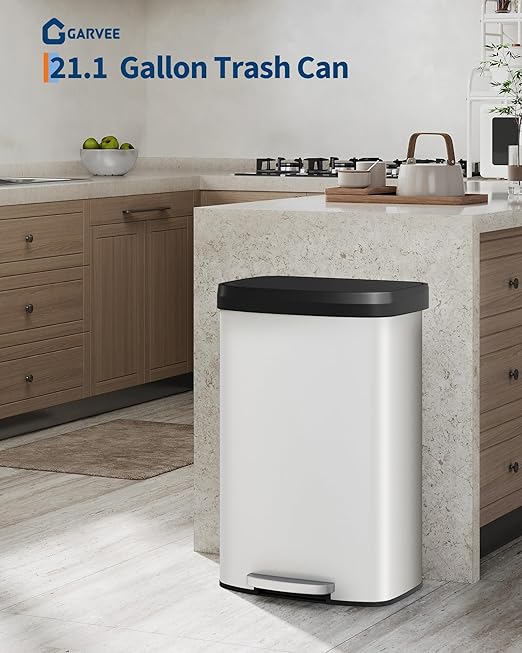 Garvee 21 gal / 80 L Metal Trash Can with Lid, Large Garbage Can for Kitchen, Rustproof Step-on Kitchen Metal Trash Bin with Liner Rim, Rear Handle, Soft Close Plastic Lid, White - Image 2