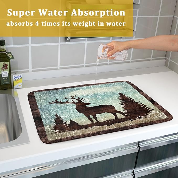 Giwawa Retro Deer Forest Cabin Silhouette Dish Drying Mat Countertop 18x24 Fall Blue Sky Cloud Cartoon Elk Wild Animal Bushes Drainer Mat Pine Tree Grass Dishes Pad Rustic Moose Dish Drainer Rack