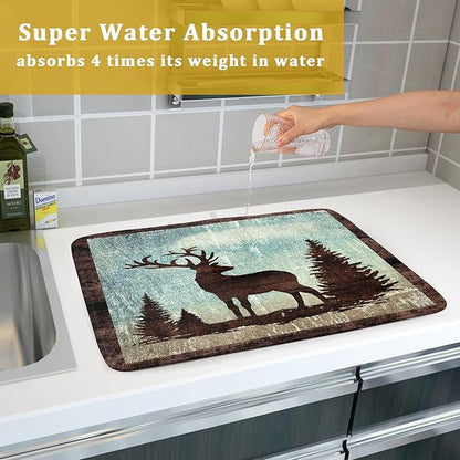 Giwawa Retro Deer Forest Cabin Silhouette Dish Drying Mat Countertop 18x24 Fall Blue Sky Cloud Cartoon Elk Wild Animal Bushes Drainer Mat Pine Tree Grass Dishes Pad Rustic Moose Dish Drainer Rack