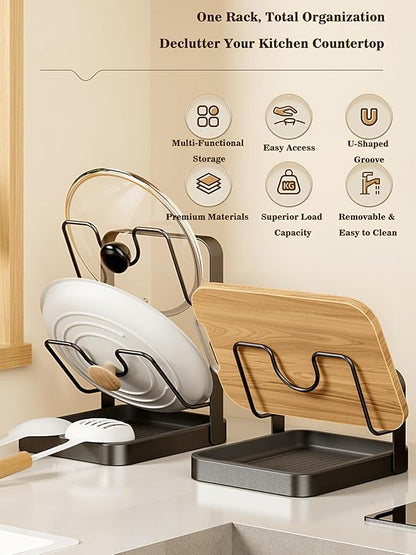 Pot Lid Holder Organizer, Carbon Steel Kitchen Pot Lid Rack with Drip Tray, Pre-Assembled Lid Storage Organizer, Dishwasher Safe Utensil Rest for Countertop Stovetop Cabinet