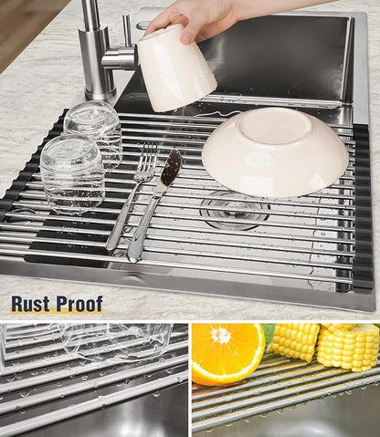 Tomorotec 17.7" x 12.5" Roll Up Dish Drying Rack Over Sink Drying Rack Sink Cover Kitchen Sink Accessories Gadget Multipurpose Organizer Foldable Stainless Steel Drainer - Image 2