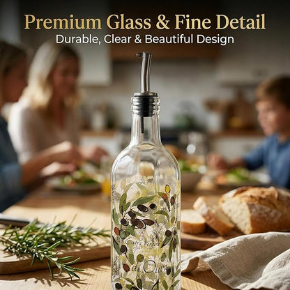 Topadorn 17 oz Olive Oil Dispenser Bottle Set for Kitchen, 2 Pcs Glass Oil Dispenser Bottle with Stainless Steel Pourers, 2 Packs of Napkins, Fruit