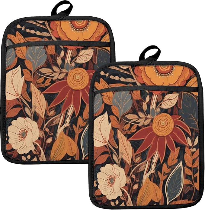 Boho Vintage Floral Pot Holders for Kitchen, Mid Century Modern Boho Flower Botanical Heat Resistant Hot Pads and Oven Mitts for Baking Cooking by HUGANE