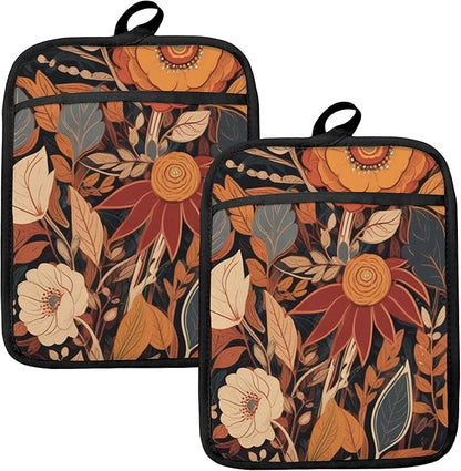Boho Vintage Floral Pot Holders for Kitchen, Mid Century Modern Boho Flower Botanical Heat Resistant Hot Pads and Oven Mitts for Baking Cooking by HUGANE