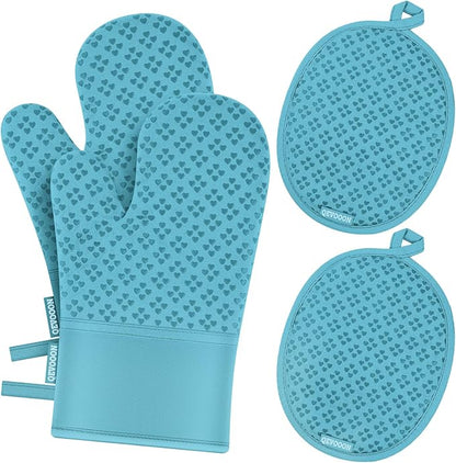 Oven Mitts and Pot Holders 4 Sets, Heat Resistant 500 ℉ Oven Mitt and Pot Holder,Oven Glove&Potholders with Non-Slip Silicone Surface,Kitchen Essentials for Cooking/Baking/BBQ-Lake Blue by QEVOOON