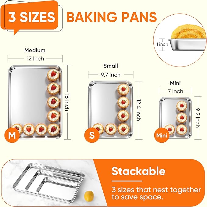 LIANYU 3 Pack Stainless Steel Baking Sheets, Cookie Sheet Pan for Baking & Roasting, 16/12.4/9.2 In, Toaster Oven Pan Cookie Baking Tray, Non Toxic & Heavy Duty & Easy Clean, Dishwasher Safe - Image 2