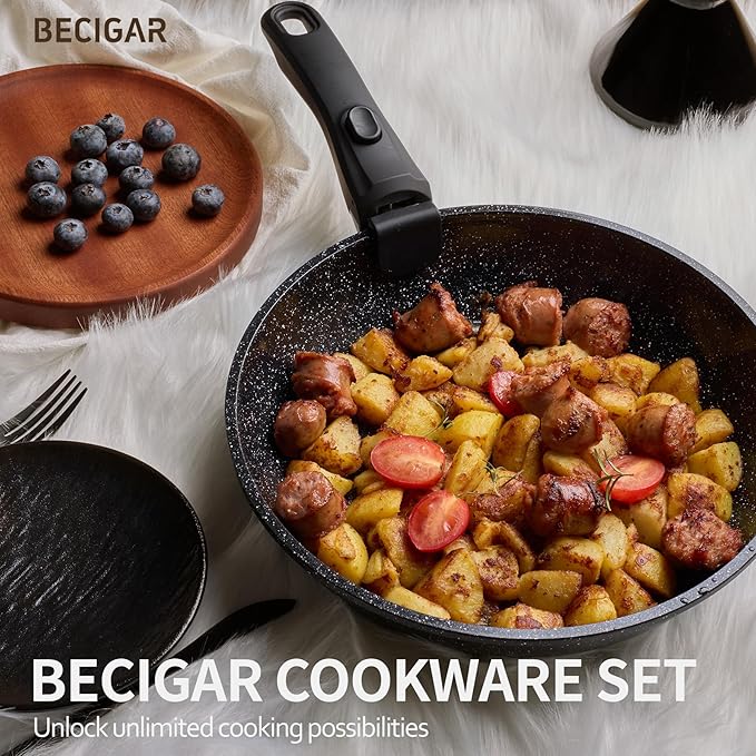 BECIGAR 23pcs Ceramic Pots and Pans Set, Nonstick Detachable Handle Cookware, Induction Kitchen Cooking Set with Removable Handle,include Frying Pans & Saucepans Oven Safe (Black) - Image 2