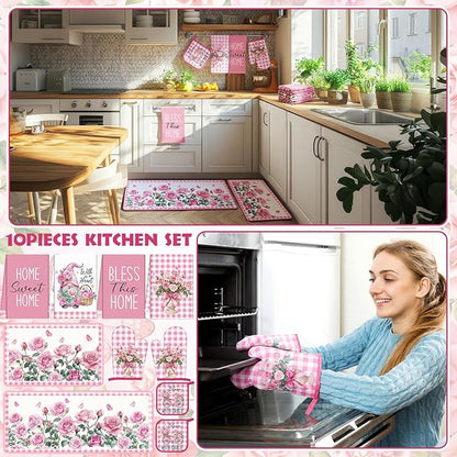 Fourluoo 10 Pcs Pink Rose Kitchen Decor Set Towels and Rugs Oven Mitts and Pot Holders Farmhouse Spring Kitchen Decor Set for Women Mom Gift Cooking Baking Grilling