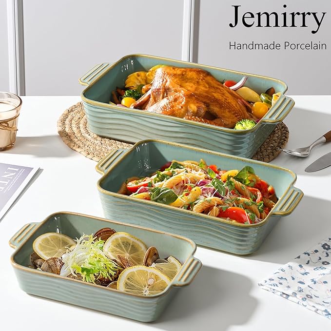 Ceramic Baking Dish Set of 3, Casserole Dishes for Oven, Square Porcelain Bakeware Set with Handles, Lasagna Baking Pan for Cooking, Perfect for Baking and Serving, Housewarming, Halloween, Thanksgiving, Christmas, New Year- Green - Image 6