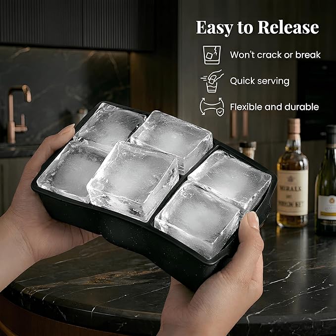 KitchFort Large Silicone Ice Cube Tray (2-Pack), Easy Release 2" Big Ice Cubes - Cocktail, Whiskey Ice Cubes Mold - Ice Trays for Freezer with Lid - Stackable Silicone Ice Tray - Black - Image 3
