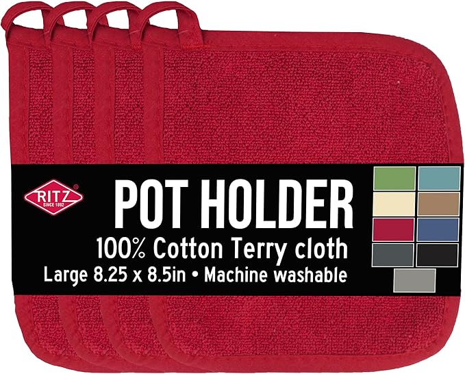RITZ Terry Potholder & Hot Pad: Unparalleled Heat Resistant, Durable 100% Cotton – Ergonomically Designed for Optimal Grip – Easy-Care Machine Washable – 4-Pack, Paprika Red by Ritz+Foodservice