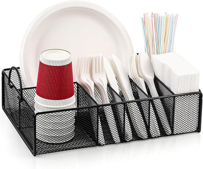 Utensil Caddy with Handle, Metal Paper Plate Holder for Kitchen Counter,Silverware Cutlery Caddy Organizer Flatware Storage for Plastic Spoon Fork Plates Napkins Cup Party Camping Black by ZZDWLDHA