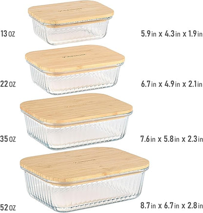 Ribbed Glass Tupperware Set with Bamboo Lids - 4 Stackable Meal Prep Containers. Durable heat resistant Inert Borosilicate Glass - Image 2