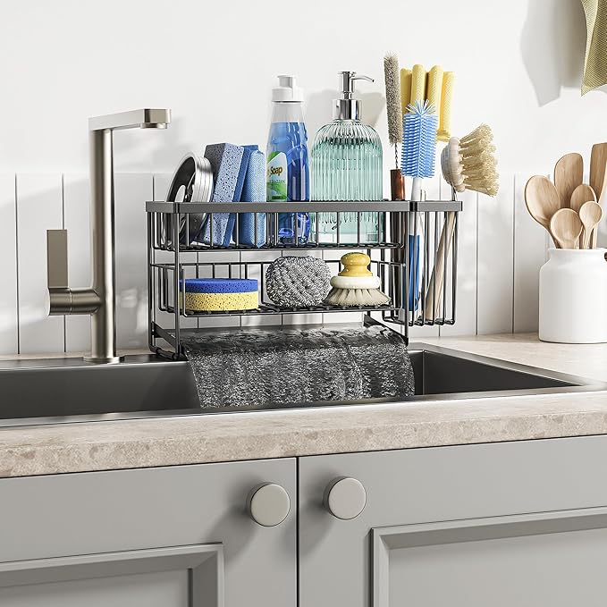 Cisily 2-Tier Kitchen Sink Caddy Organzier Rack with Flexible Dish Brush Holder, Sponge Holder for Kitchen Sink Countertop Organization Storage,Home Decor Accessories Essentials Stainless Steel - Image 7