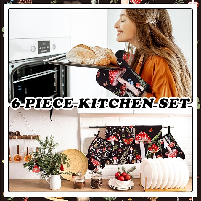 Bencailor 6 Pcs Mushroom Kitchen Towels Oven Mitts and Pot Holders Set Decorative Dish Towels Tea Washcloth Non Slip Heat Resistant Oven Gloves for Summer Home Cooking Baking, Red - Image 2