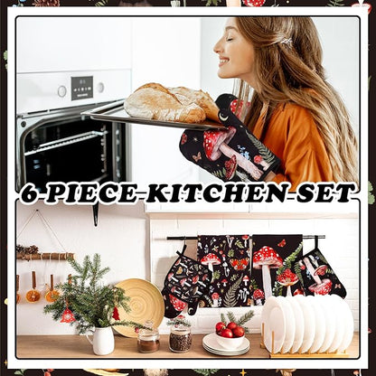 Bencailor 6 Pcs Mushroom Kitchen Towels Oven Mitts and Pot Holders Set Decorative Dish Towels Tea Washcloth Non Slip Heat Resistant Oven Gloves for Summer Home Cooking Baking, Red - Image 2