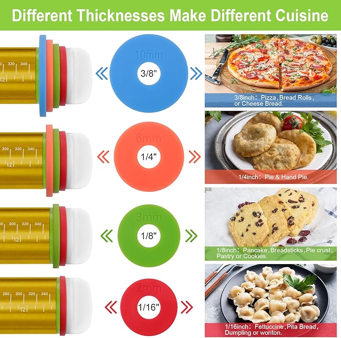 Adjustable Rolling Pins for Baking, Stainless Steel Rolling Pin with Thickness Rings, Metal Dough Roller for Fondant Cookies Pastry Pizza Pasta, Measuring Rolling Pin Baking Tools for Cake Baker, Gold - Image 3