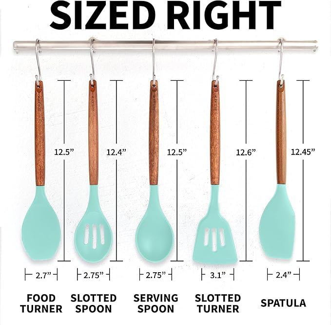 Zulay Kitchen Non-Stick Cooking Utensils Set with Authentic Acacia Wood Handles – 5-Piece Durable & Stylish Silicone Kitchen Utensils Set – Heat Resistant to 464°F – Aqua - Image 8
